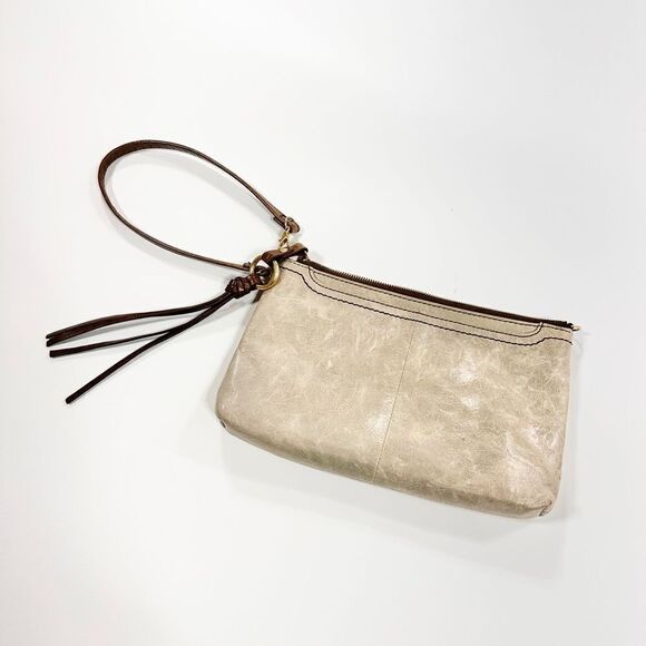 Hobo taupe leather wristlet purse with long crossbody strap - Picture 3 of 13